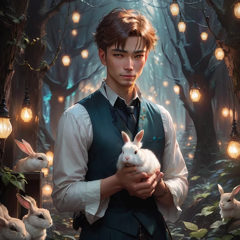 there is a man holding a rabbit in a forest with many rabbits, with magical creatures, Edgar Maxence e Ross Tran, Wojtek FUS, GhibliTom Bagshaw, the white rabbit, anton fadeev 8k, [ trends at CGSociety ]!!, magical realism style, trends at CGSociety art, fantasy genre portrait, realistic fantasy photography, trends at CGSociety, webtoon vibe, fanart