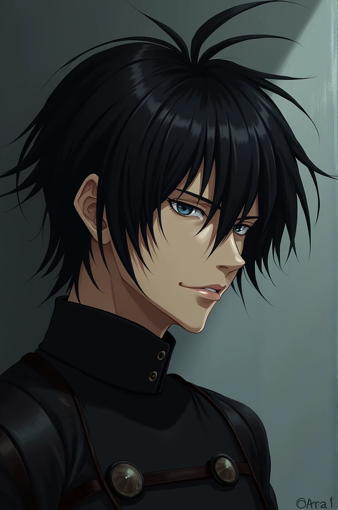 Create a picture of Griffith from the Berserk anime with black hair and a bit shorter hair, also facing right
