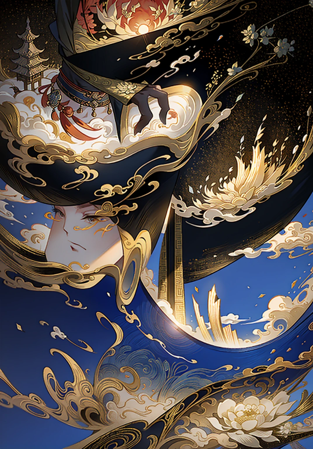 ancient chinese painting, ancient chinese background, mountains, river, auspicious clouds, pavilions, sunlight, masterpiece, super detail, epic composition, ultra hd, high quality, extremely detailed, official art, unified 8k wallpaper, super detail, 32k