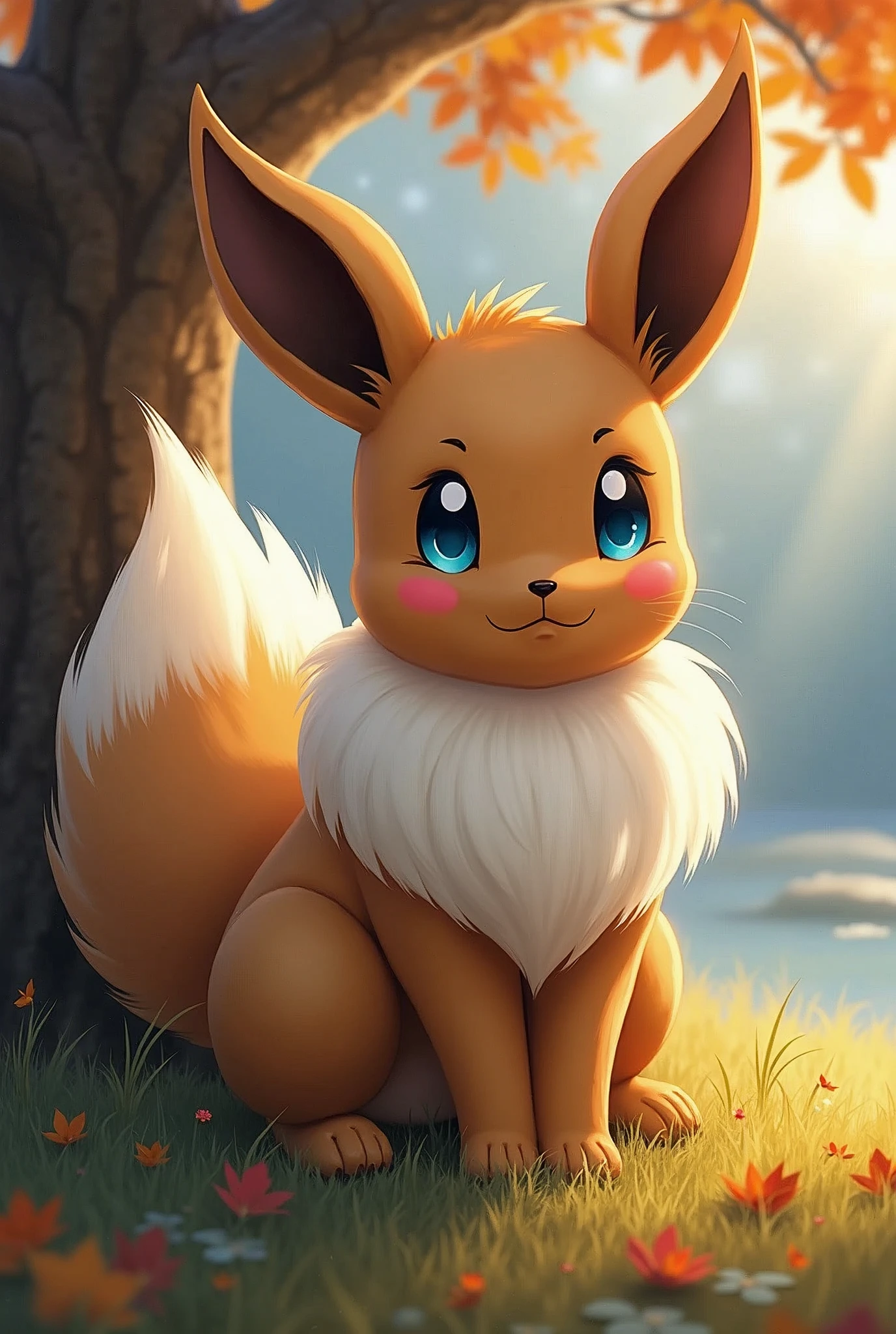 [uploaded on e621], by Pino Daeni, by Ruan Jia, by Shiitakemeshi, by Alayna Lemmer, by Carlo Galli Bibiena,
solo male ((brown fluffy eevee) with ((brown body)) and (clear blue eyes) and (white fluffy tail) and (pink nipples), ((he has large penis)),
(full body), (nude), (((detailed Chunie anthro [eevee]))), (detailed Chunie lighting), (detailed fur), (detailed penis), (detailed Shiitakemeshi skin),
(cinematic lighting), [detailed ambient light], [detailed face and eyes], (front standing at under large tree in the grassland on autumn day), [starry], [detailed water],
((looking at viewer)), (front view), [front crotch view], ((half body shadow)), backlighting, ((crepuscular ray)),
[gray natural lighting], [ambient light on the belly], [higher body and limbs detail], [higher breasts detail],
[realistic proportions], [explict content], [sharp focus], (questionable content), (shaded), ((masterpiece))