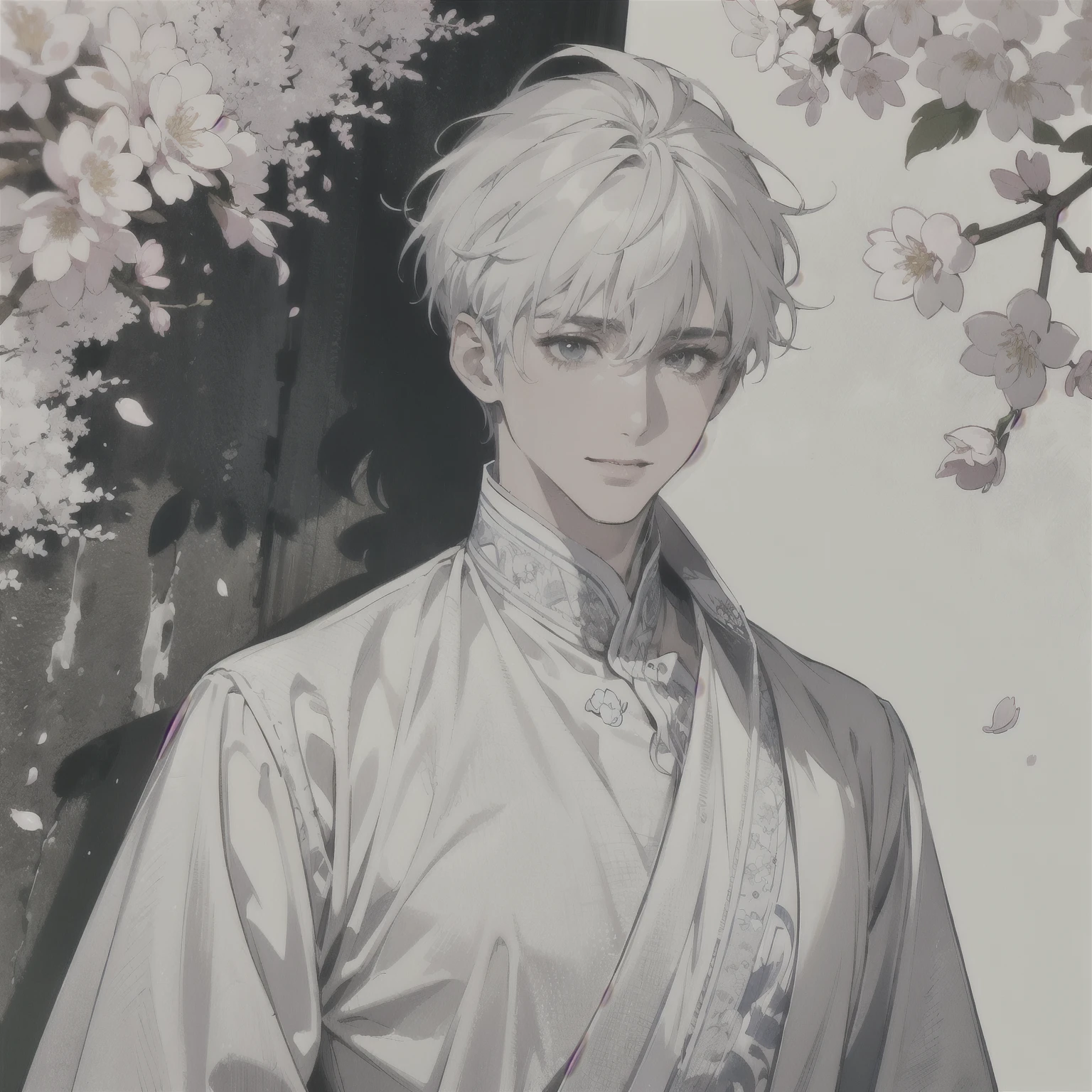 (masterpiece), (Colored image), (5K), (best quality), young man, slim body, ((short white hair)). A gentle smile. Dressed in a elegant white clothing, reminiscent of a royal garment. Background Spring Theme with cherry blossoms