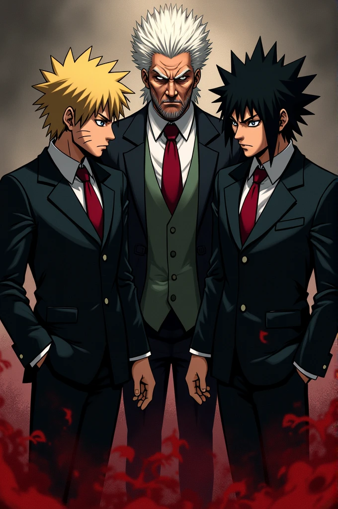 Naruto Uzumaki in suit on the left side, Sauke Uchiha in suit on the right side and Danzo in the middle and all with blood splatter