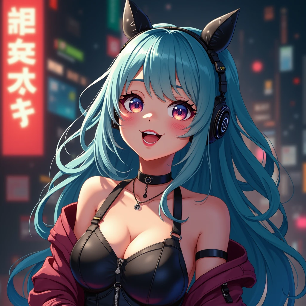(best quality,ultra-detailed,realistic:1.37),cute anime girl,light blue hair,detailed eyes,detailed lips,smiling,wearing a cute outfit,cheerful expression,vibrant colors,soft lighting,anime style,fantasy background,playful pose,beautifully illustrated, vtuber, cyberpunk anime girl,