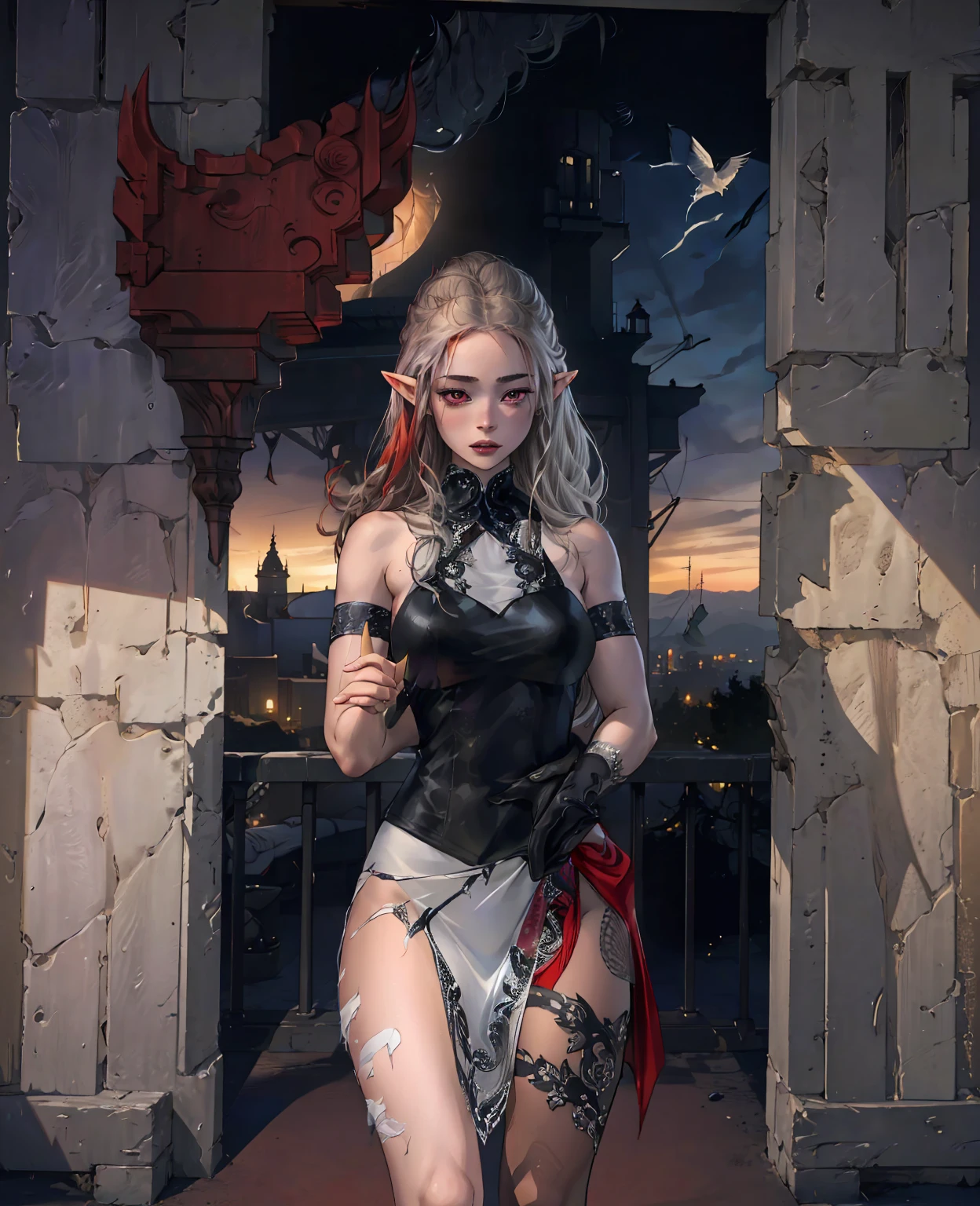 a devilish woman with long flowing black hair, extremely pale skin, and piercing red eyes, wearing an intricate elf-like costume, in a dark and mysterious fantasy setting, detailed face, highly realistic, cinematic lighting, dramatic atmosphere, rich colors, dramatic shadows, digital art, concept art style