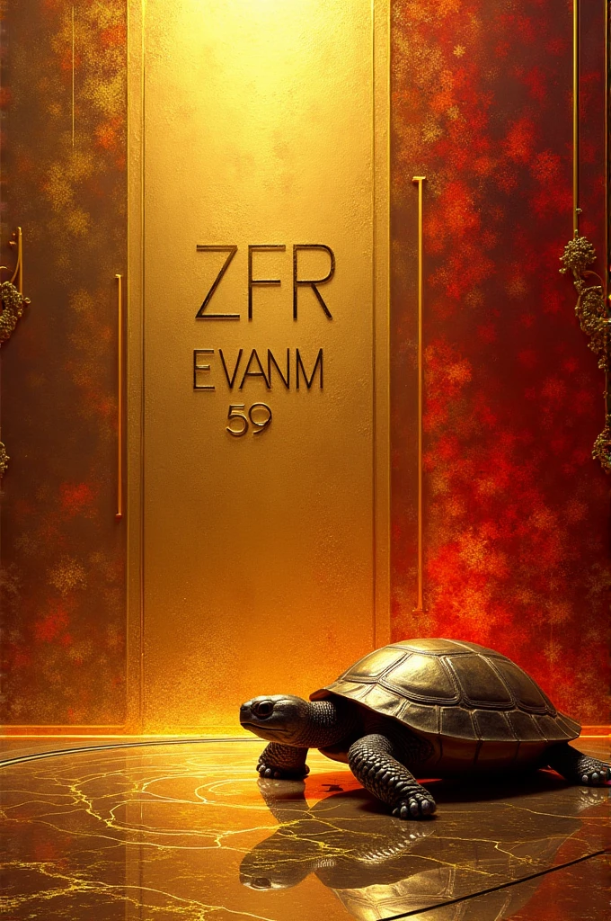 A gold and red background with an inscription that says ZFR EVANM-59 and a turtle in the lower right corner