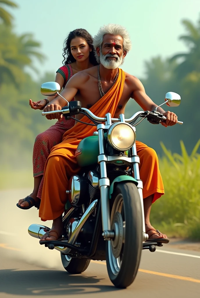 Indian farmer , wearing dhoti, riding harley davidson his wife sitting behind.