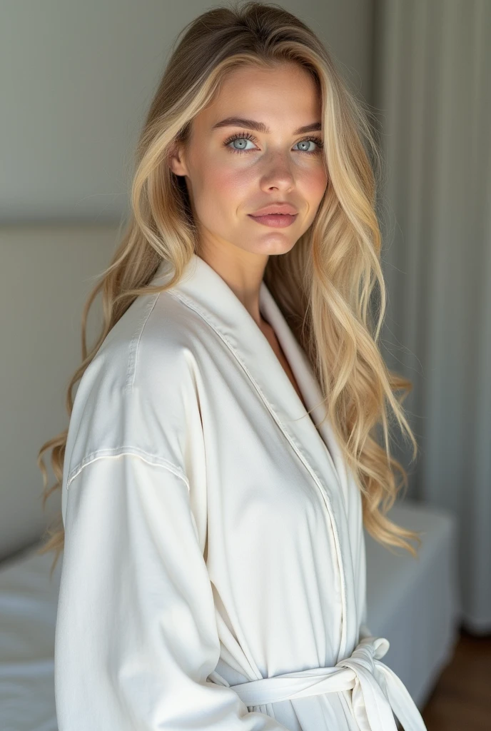 23 year old girl white skin complexion full body blonde hair blue eyes dressed in a short white robe