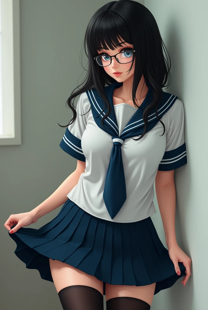 A woman with long black hair and short bangs, marine blue eyes, pale skin and full, pink lips. She wears a schoolgirl uniform with black stockings hugging her thighs., big boobs and glasses. She is leaning face down against the wall with her skirt lifted up while showing her private parts., your smooth wet pussy.