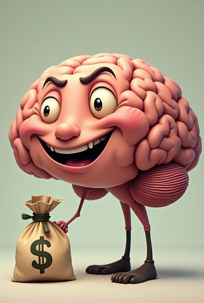 Animated brain thinking about a bag of money 