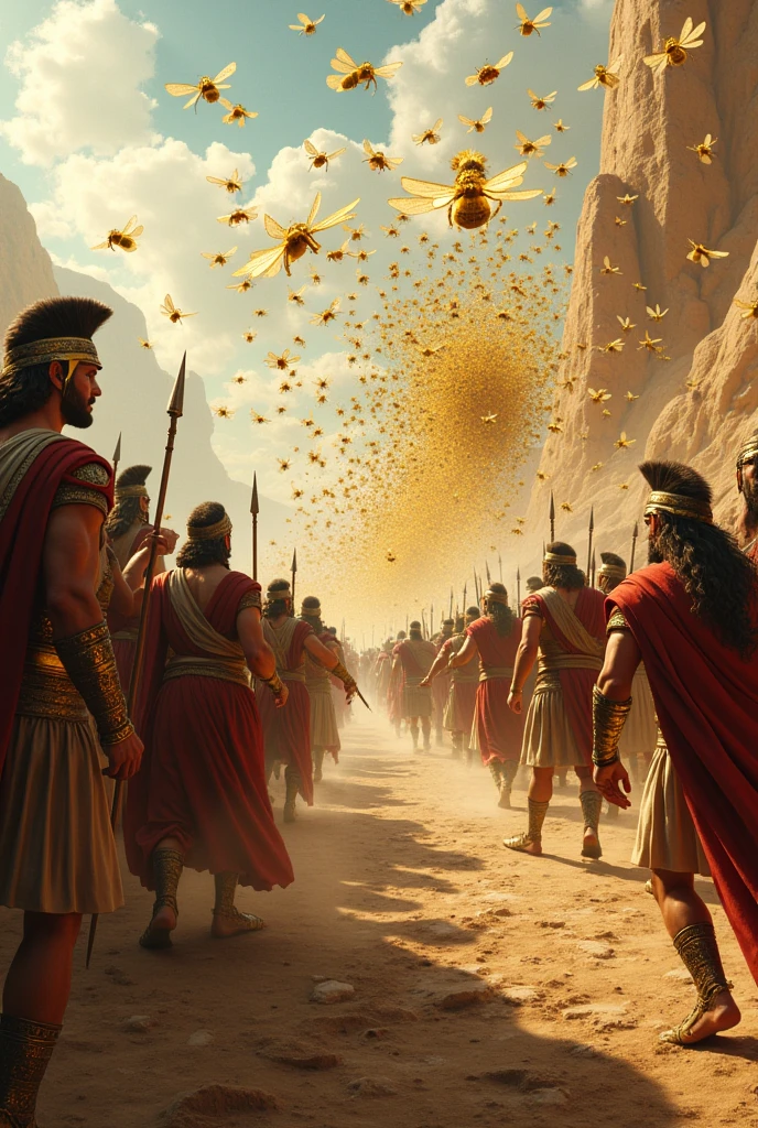 In fight between Greeks and Persians, the Greeks throw a swarm of bees at the Persians who run in despair