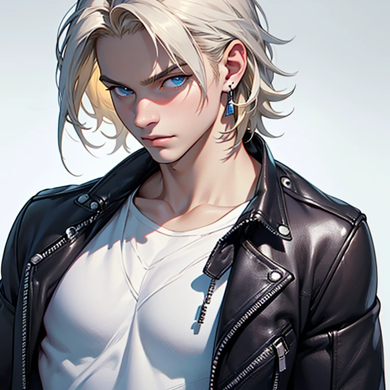 ((masterpiece)), (((best quality))), solo, 1 male, pale white skin, light blonde hair, medium hair, straight hair, handsome man, blue eyes, simple silver earrings, tight white t-shirt, leather biker jacket, tight jeans, detailed face, highest quality, highly detailed, original, high resolution CG Unit 8k wallpaper, (best quality, artwork, masterpiece, 4k)