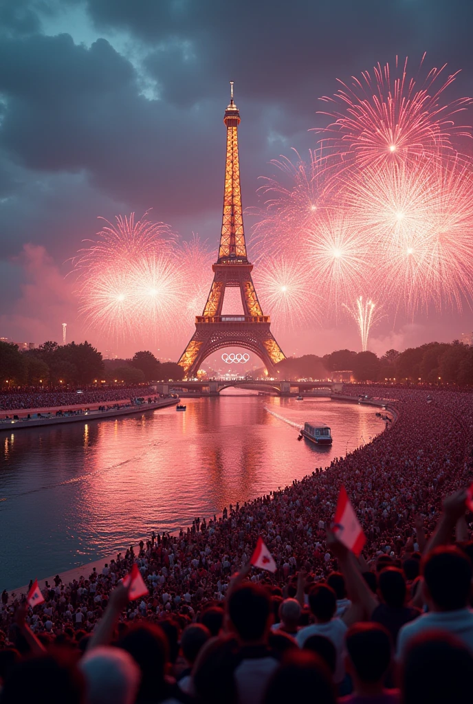 Closing ceremony of the Olympic Games, you can see the Eiffel Tower, the river seine and fireworks, In addition, you can see the logo of the Olympic Games and people celebrating with flags.. ultra realistic, Maximum quality