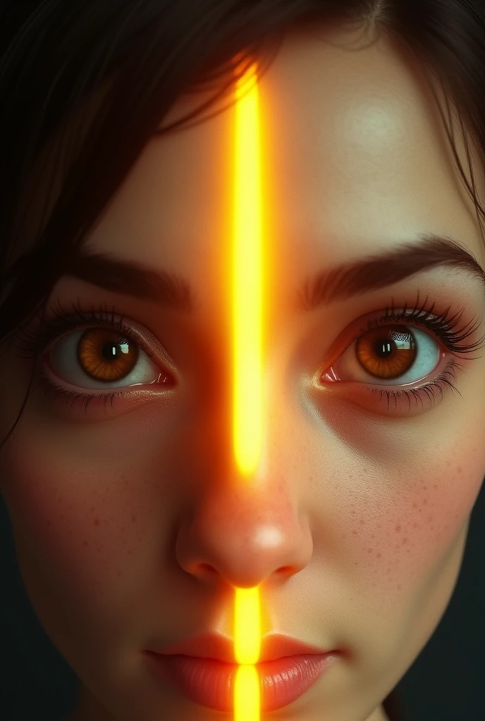 realistic human eyes, Brown color,  without glasses, with a yellow light pointing between the two eyes across the center of the face