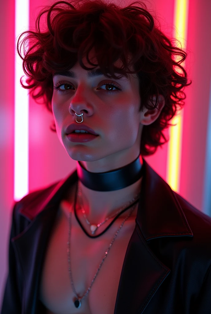 androgynous man, feminine looking man,, young, naked, very curly hair, dimples, thick collar around neck, naughty expression, black latex bodysuit, neon lights, close-up, UHD, retina, masterpiece, accurate, anatomically correct, textured skin, super detail, high details, high quality, award winning, best quality, highres
