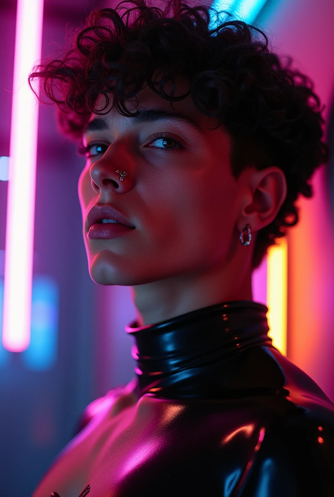 androgynous man, feminine looking man,, young, naked, very curly hair, septum piercing, dimples, thick collar around neck, naughty expression, black latex bodysuit, neon lights, close-up, UHD, retina, masterpiece, accurate, anatomically correct, textured skin, super detail, high details, high quality, award winning, best quality, highres
