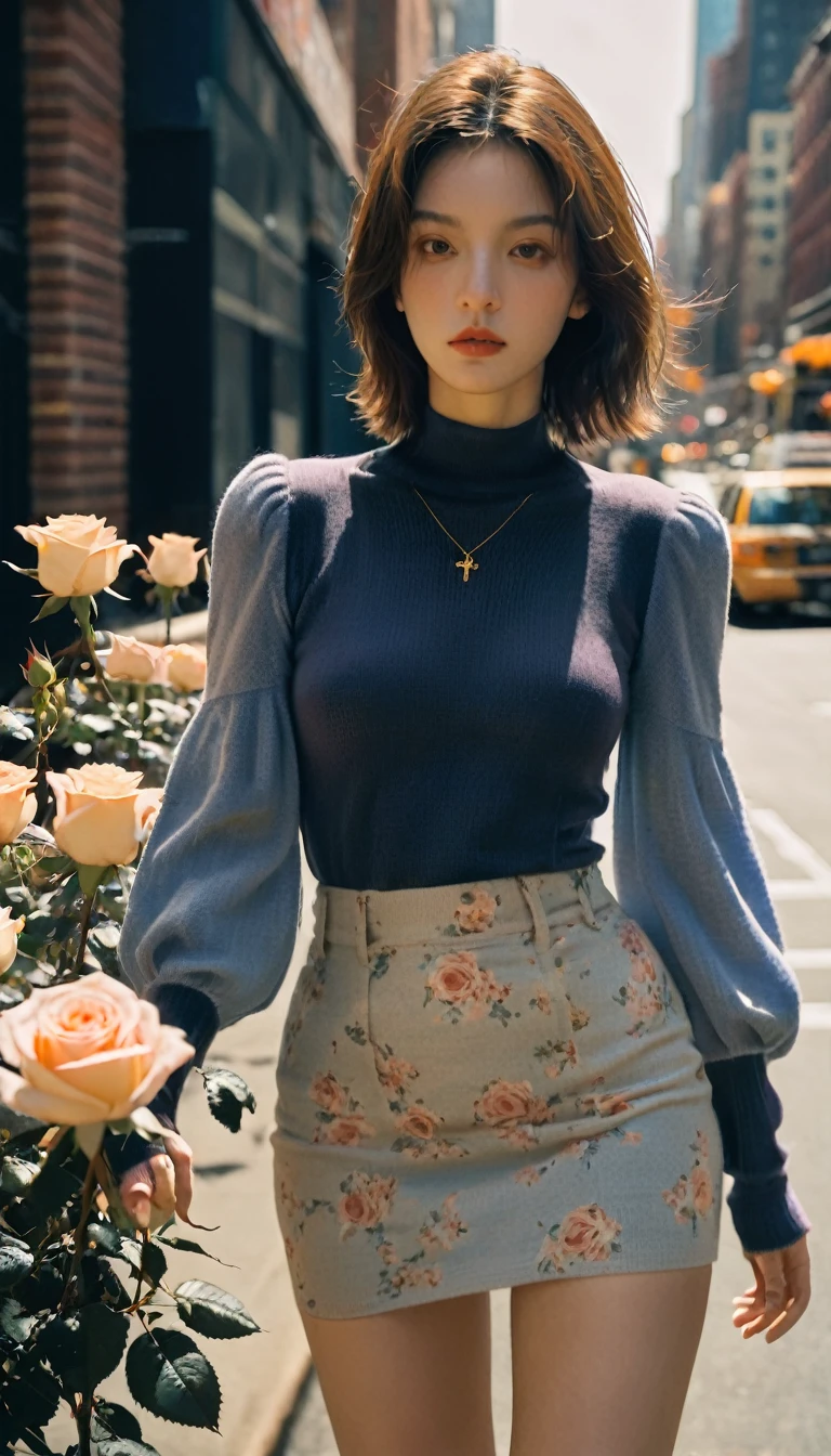 girl,1 female, Delicate eyes,Delicate face , big breasts,Thigh details, On the streets of New York, Detailed background, Movie Shadows, Dramatic Lighting by Bill Sienkiewicz, ( SimplepositiveXLv1:0.7), _girl, Aesthetic portrait, Low angle shot of cowboy, tight sweater, (Field of Roses :1.4),
(Puff sleeves:1.3), mini skirt, Model pose,