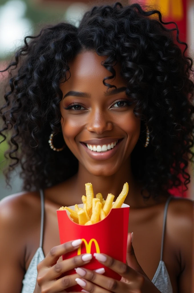 there is a black woman , the woman has curly black curly, she has brown skin, with dark brownish skin, with long curly, long black wet bouncy curls she is eating McDonald’s