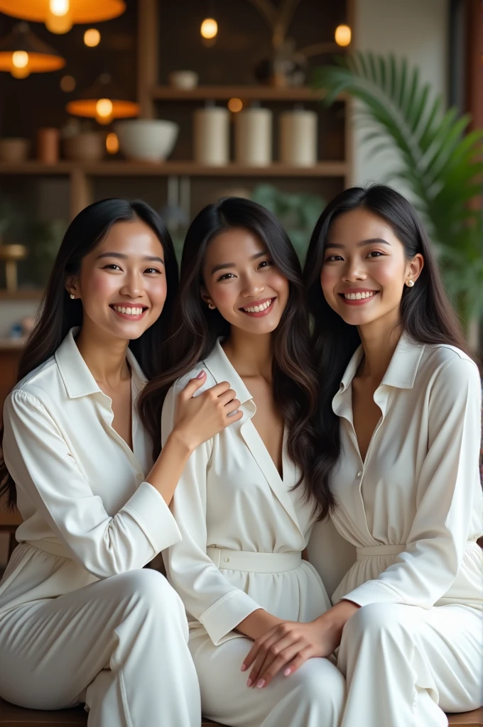Five beautiful Indonesian women aged around 45 years old, wearing modern white casual clothes, sitting smiling with a cafe background. Hyper realistic, ultra hd, detail, cinematic, high resolution