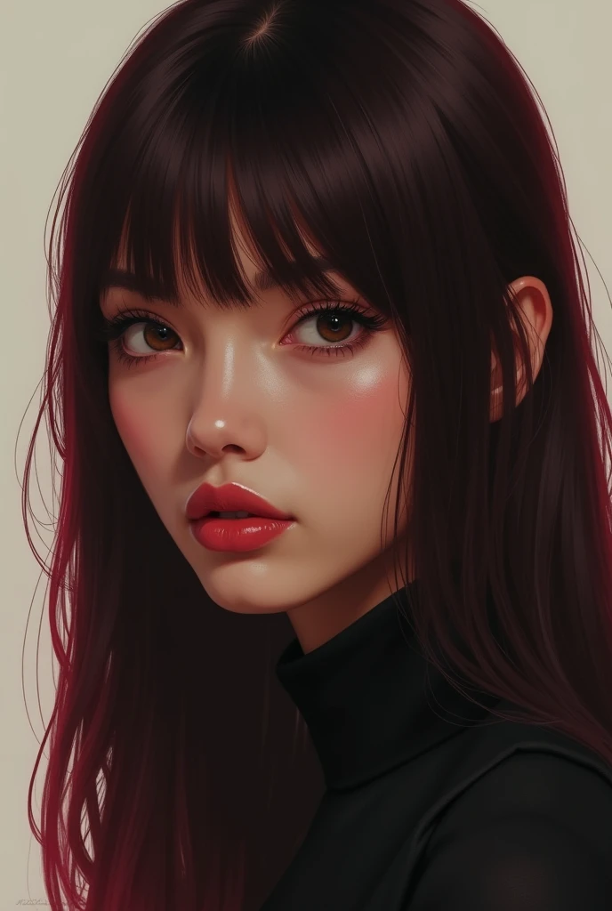 straight hair
, Pomegranate hair color , medium brown skin color, with slanted eyes