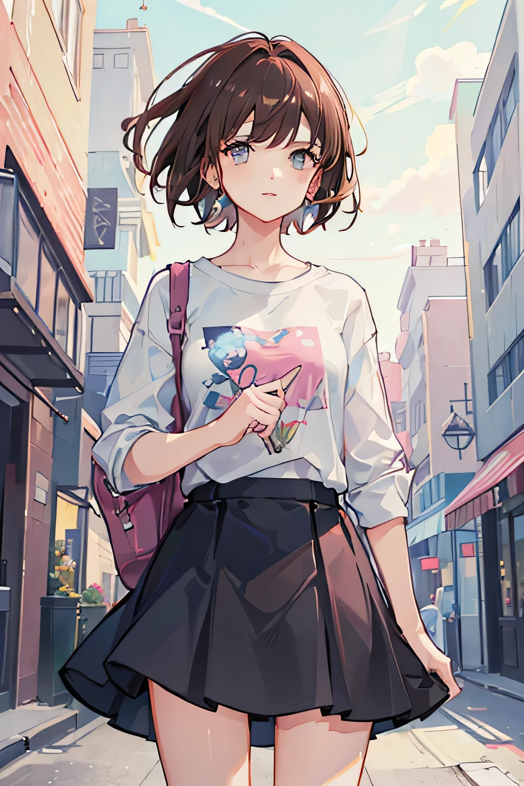 woman，Brown Hair，short hair，light blue，Pink