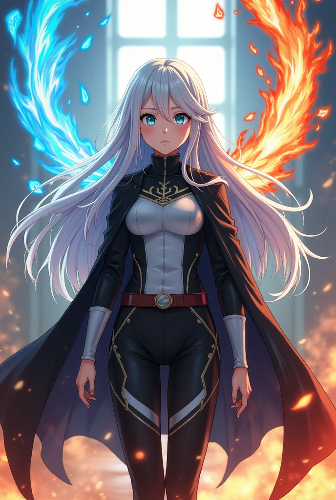 Boku no hero academia template a girl with long white hair and blue eyes in her hero costume (one black) showing your gift (the four elements)