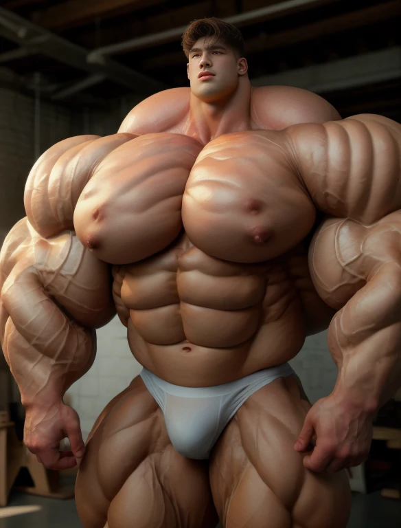 1boy, giant, alone, giant bodybuilder, illuminating light, strong body, bulk, large size, standing in whiet photo studio, indoor, nude, white triangular underwear with enormous bulge, extraordinary big, brutalmass, giant muscular body, bulk, buff, massive body, large meaty body size, extremely wide body, tallest body