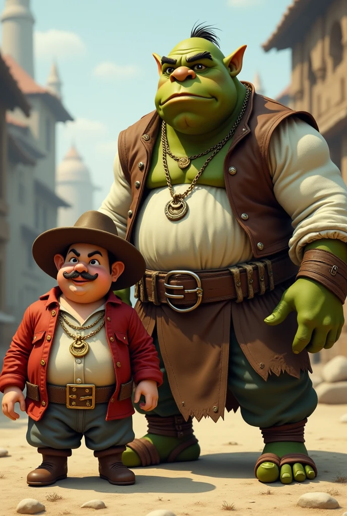 A very small, fat, bald dwarf with a cowboy hat, a red blouse open showing his belly, a small brown mustache and a gold chain. He was with his friend Sherek, a green ogre with a long white blouse and an old, worn brown leather vest, having an idea.