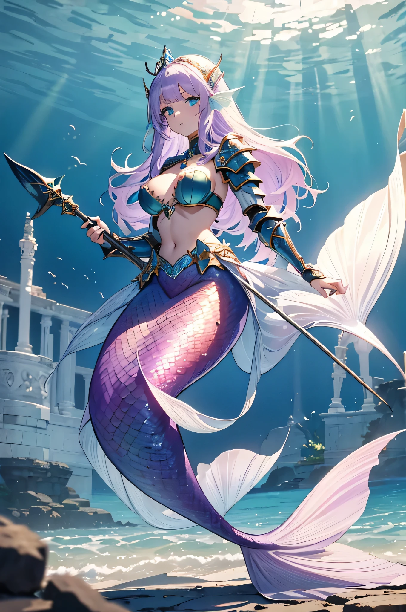 4K,High resolution,One Woman,Mermaid,White purple hair,long hair,Blue Eyes,Big Breasts,Green scales,The Little Mermaid,Princess Knight,White knight armor,Full Armor,Jewelry decoration,Pearl decoration,Long sword,In the sea,In the water,underwater temple