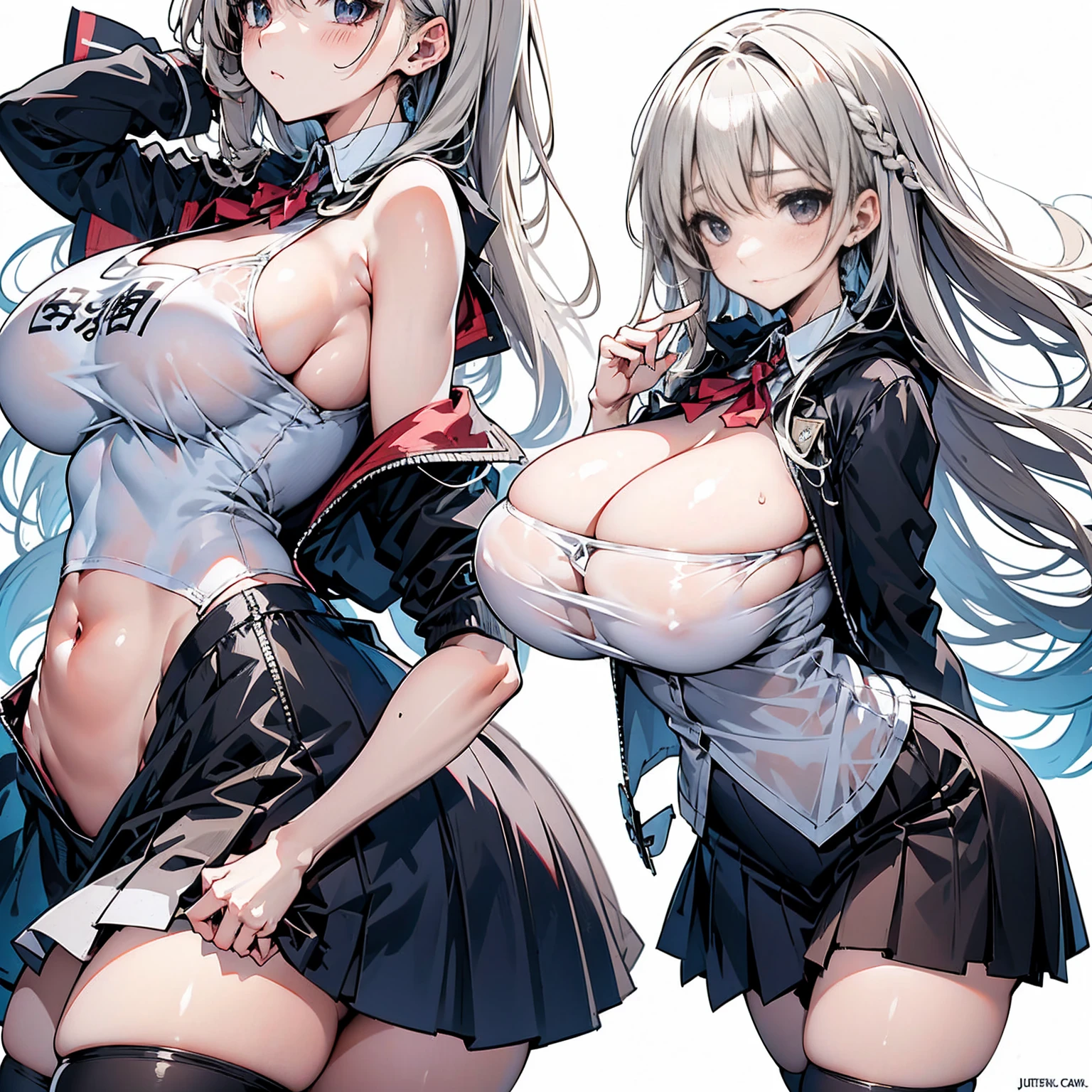 Anime Kawaii sexy Perfect Slim sensual body large breast and huge thighs, An intricate and highly detailed illustration of anime (Young girl) 1 girl, light hair, darker eyes, Solid eyes, blank stare, shorth hair, two braids, breasts big, school clothes, white collar, jaket, cape, overskirt, knee socks, no expression, no back ground, white background