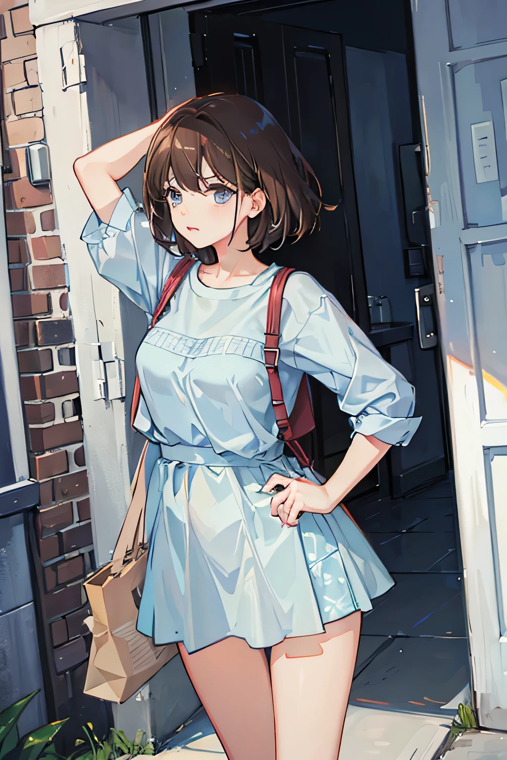 woman,Brown Hair,short hair,light blue