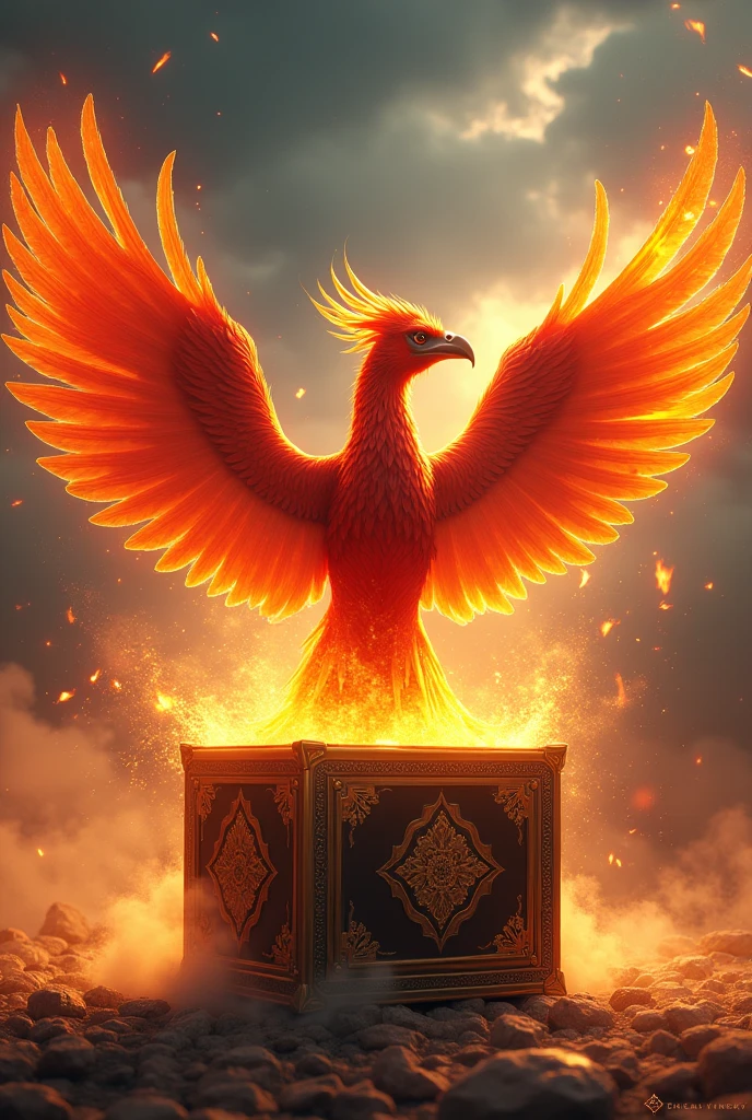 A phoenix coming out of a box