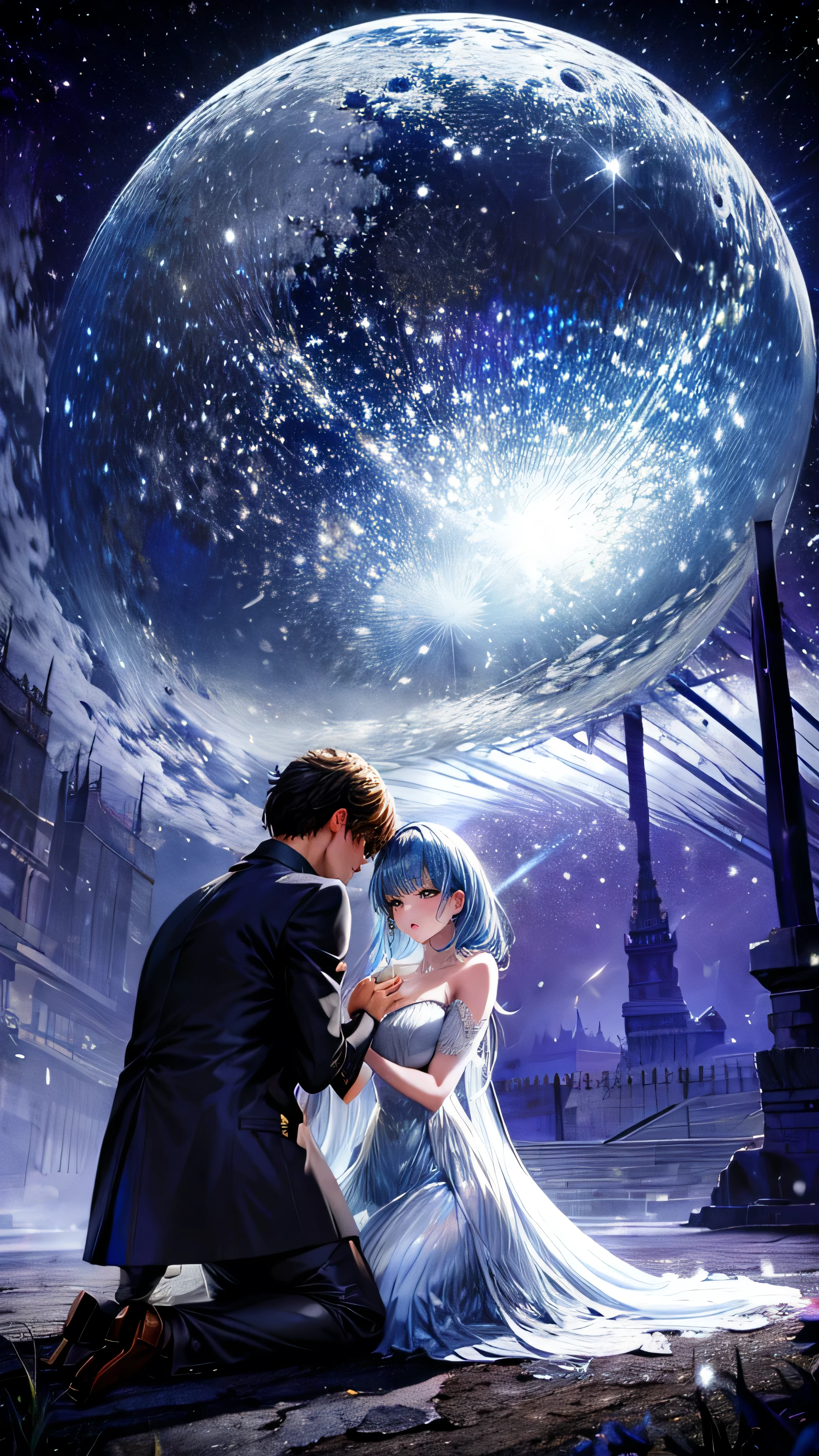 From below, Huge full moon, Big tree, Woman receiving a proposal, I listen shyly, A man kneeling in front of his girlfriend to confess his feelings, Man's back, Beautiful moonlight, Shading Effects, Gradient Magic Effect, Glitter effect, (Super detailed, The absolute solution, Highest quality:1.3), 2.5D, delicate and dynamic, Artistic photography, Ultra-realistic