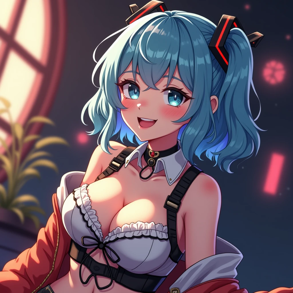 (best quality,ultra-detailed,realistic:1.37),cute anime girl,light blue hair,detailed eyes,detailed lips,smiling,wearing a cute outfit,cheerful expression,vibrant colors,soft lighting,anime style,fantasy background,playful pose,beautifully illustrated, vtuber, cyberpunk anime girl,
