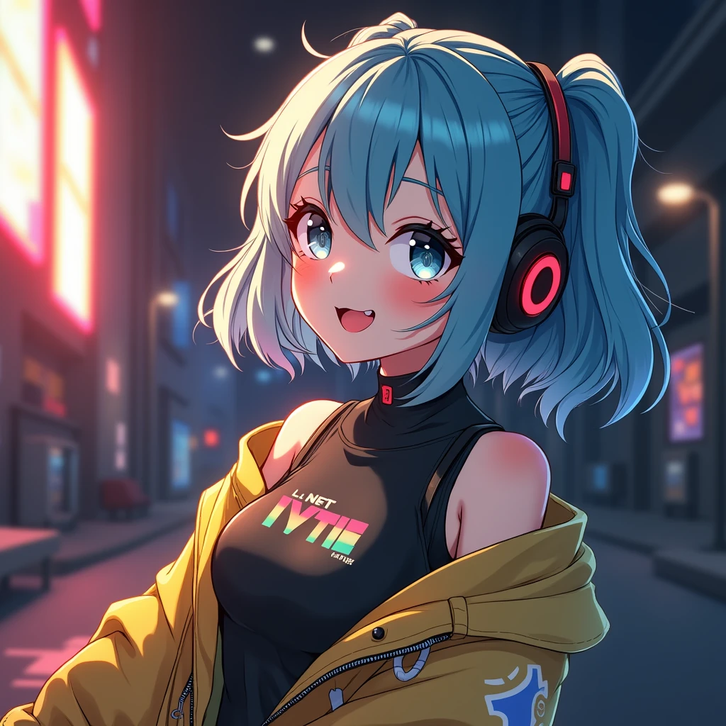 (best quality,ultra-detailed,realistic:1.37),cute anime girl,light blue hair,detailed eyes,detailed lips,smiling,wearing a cute outfit,cheerful expression,vibrant colors,soft lighting,anime style,fantasy background,playful pose,beautifully illustrated, vtuber, cyberpunk anime girl,