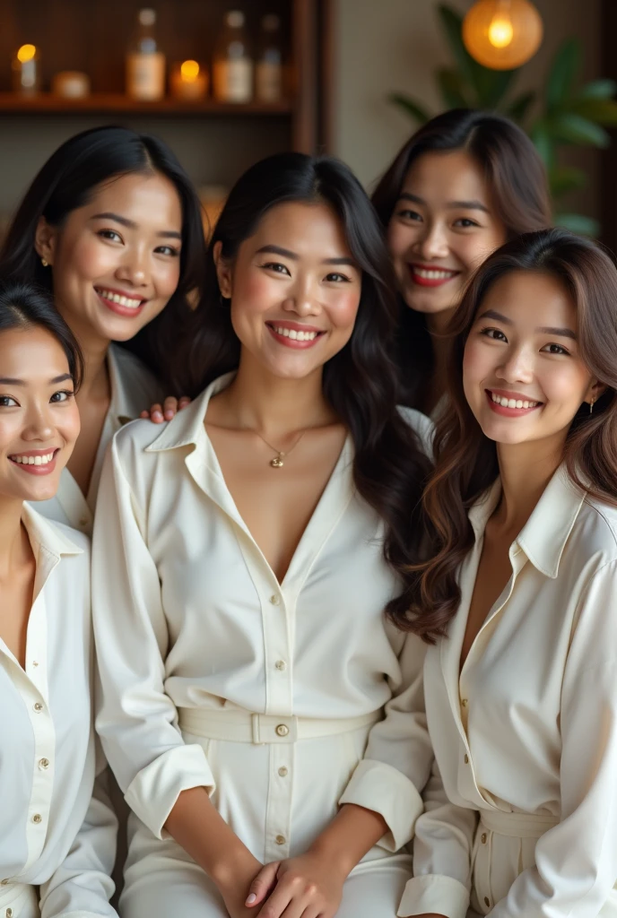 Five beautiful Indonesian women aged around 45 years old, wearing modern white casual clothes, sitting smiling with a cafe background. Hyper realistic, ultra hd, detail, cinematic, high resolution