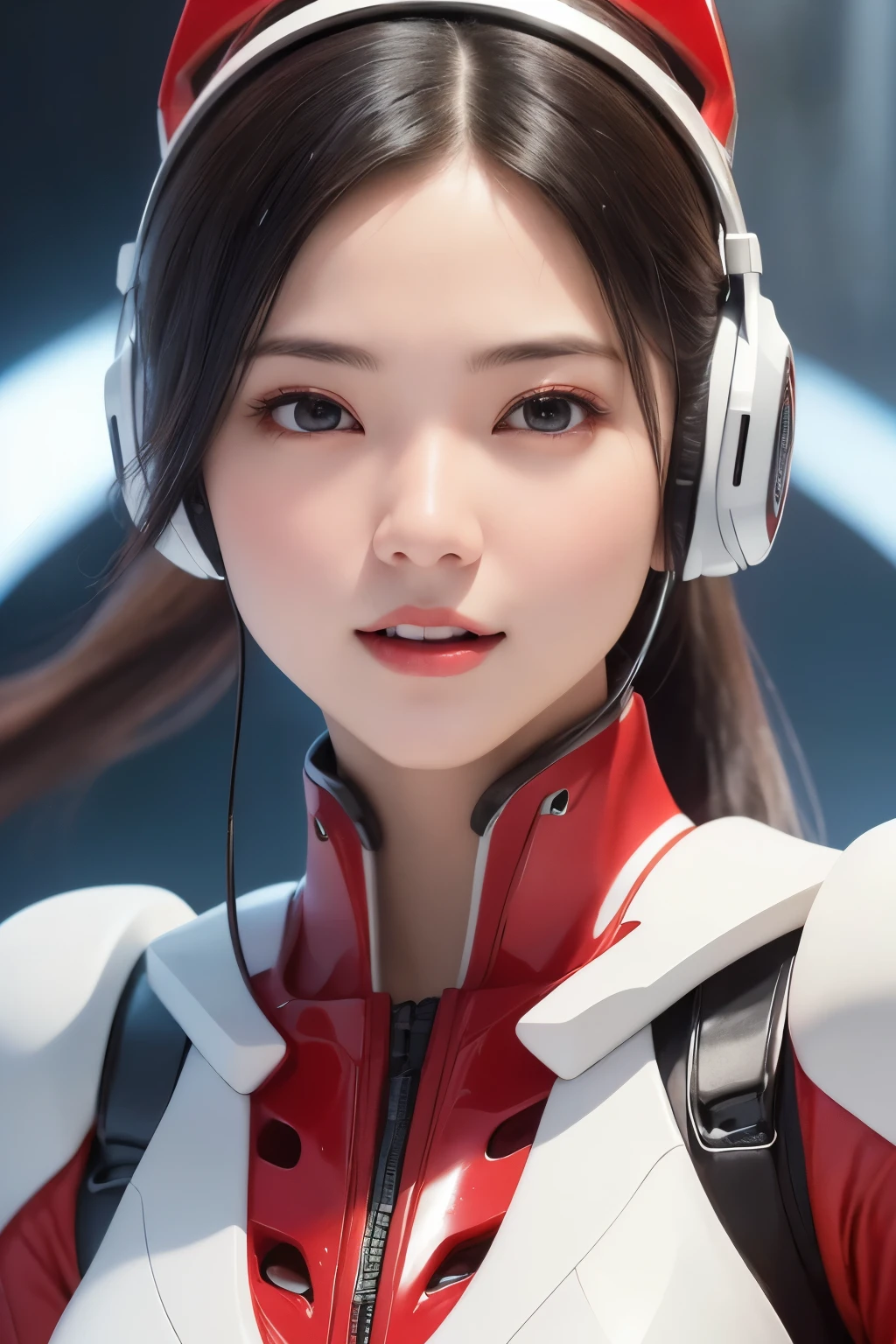 Top Quality, Masterpiece, Ultra High Resolution, (Photorealistic: 1.4), Raw Photo, 1 Girl, Black Hair, Glossy Skin, 1 Mechanical Girl, (((Ultra Realistic Details)), Portrait, Global Illumination, Shadows, Octane Rendering, 8K, Ultra Sharp, Intricate Ornaments Details, realistic skin, sweat effect, ((wearing Headphone)), very intricate detail, realistic light, CGSoation trend, brown eyes, glowing eyes, matte red and glossy white mechanical bodysuit, Long hair, black hair, Ponytail hair, Half body shot, spaceship bridge background, dynamic pose, cute smile, close up, Open Mouth, red collar, white suit