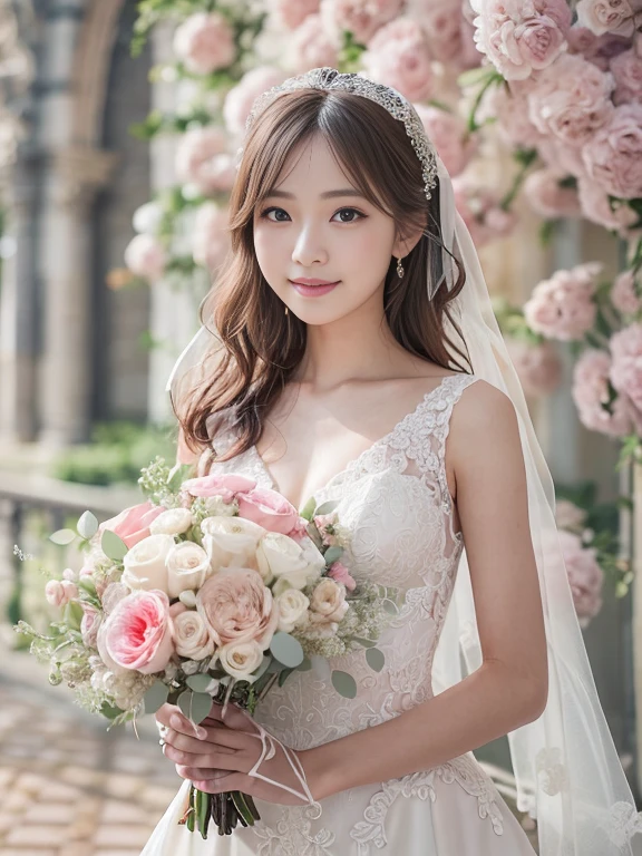 Photo-realistic quality、a woman in a Wedding dress holding a bouquet of flowers、Standing in front of the church、20 year old Japanese model、白のWedding dress,Hanae Mori style wedding dress、Japan idols at 20 years old、lace prom dresses、looking at the camera、Detailed and beautiful eyes、Cute smile、Relaxed and gentle expression、a close up of a woman in a Wedding dress holding a bouquet, Wedding dress, So magical and dreamy、Blur the background a lot、300mm F2.Shot with 8 lenses