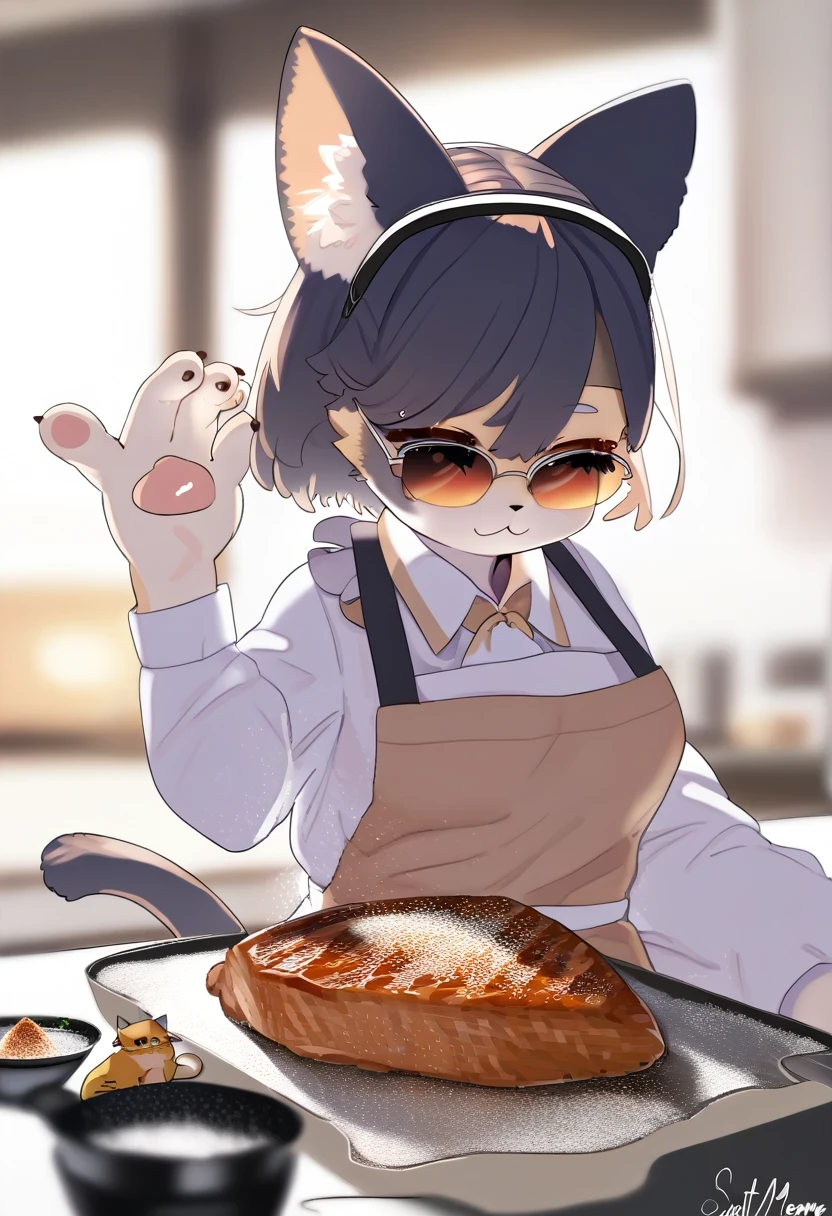 ((Masterpiece)), ((Best Quality)), (Very Detailed), ((Very Detailed)), 4K, (8K), very aesthetic, absurdres highres, 1 girl, (anthropomorphic cat, furry, kemono:1.5), SaltBaeMeme, salt, sunglasses kitchen, apron, food, chicken meat,