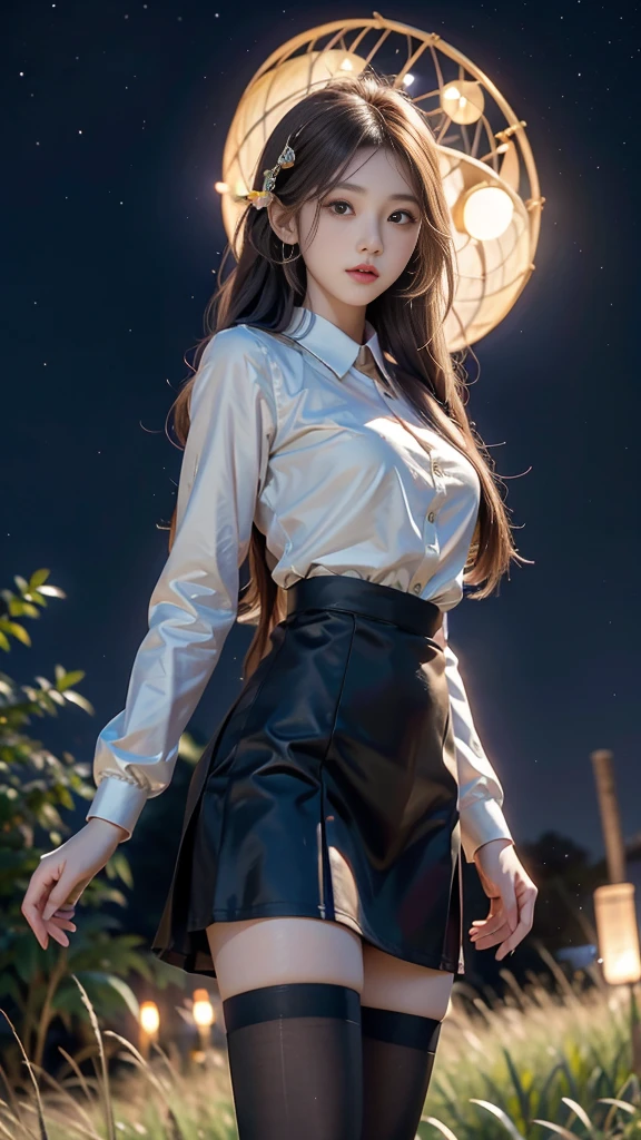 ulzzang-6500-v1.1, (RAW photo: 1.2), (Real photo), (Real photo: 1.4), 1 girl、Perfect anatomy、19 years old、Looking at the camera、Medium length hair、side braids, uniform short skirt, in a surreal royal garden, with many hanging lanterns, under the starry night sky, ((starry night: 1.1))、(Surreal tights: 1.2), (Business service)、Asian eyes Ella,