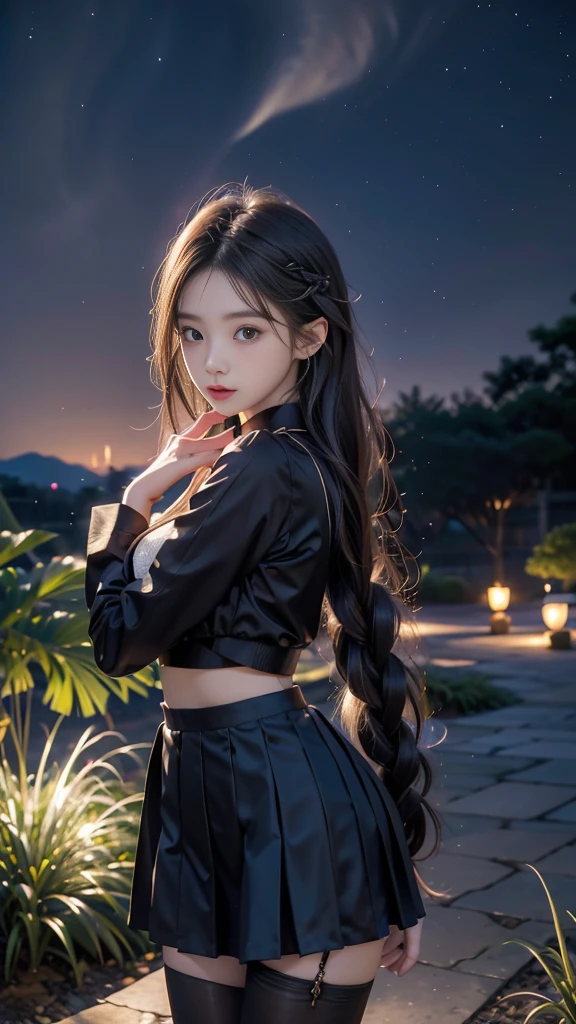 ulzzang-6500-v1.1, (RAW photo: 1.2), (Real photo), (Real photo: 1.4), 1 girl、Perfect anatomy、19 years old、Looking at the camera、Medium length hair、side braids, uniform short skirt, in a surreal royal garden, with many hanging lanterns, under the starry night sky, ((starry night: 1.1))、(Surreal tights: 1.2), (Business service)、Asian eyes Ella,