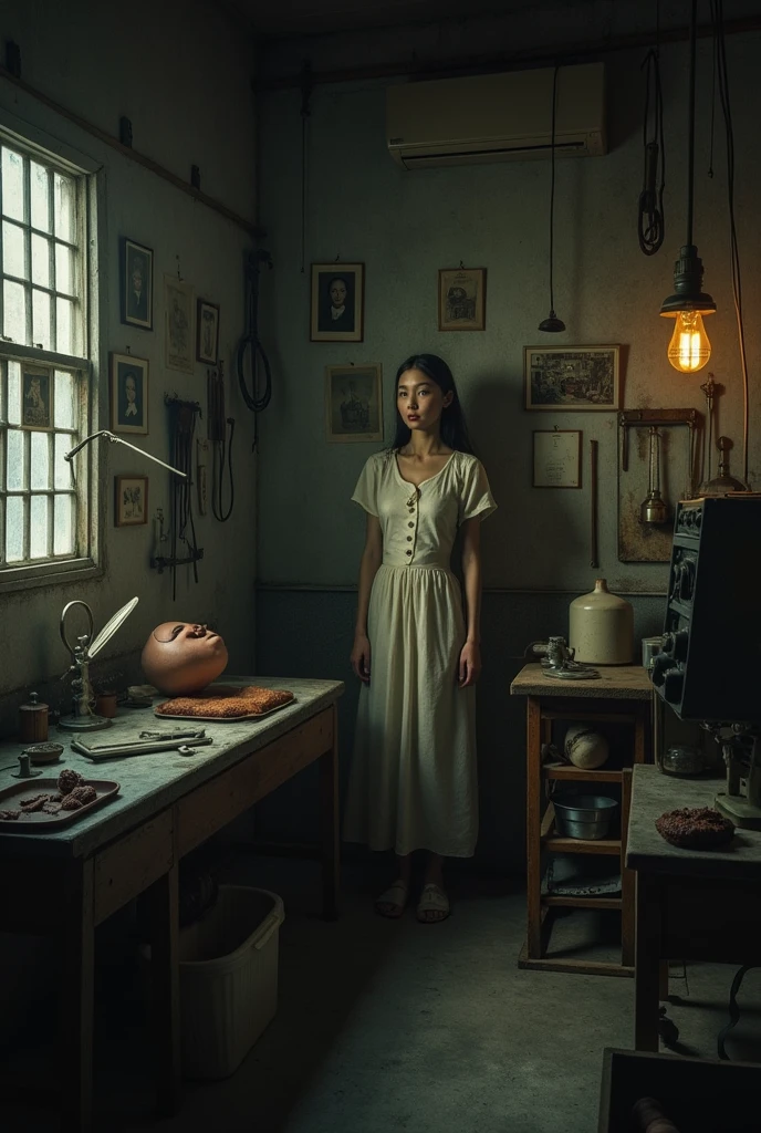 ((Japan))A dimly lit human body workshop in、((Old photos on the wall))、その写真はJapan人剥製師とJapan人の若い女性とのツーショットの笑顔の写真だった、That's how it is々Tools were hanging(((It was pinned to the wall of the workshop.)))