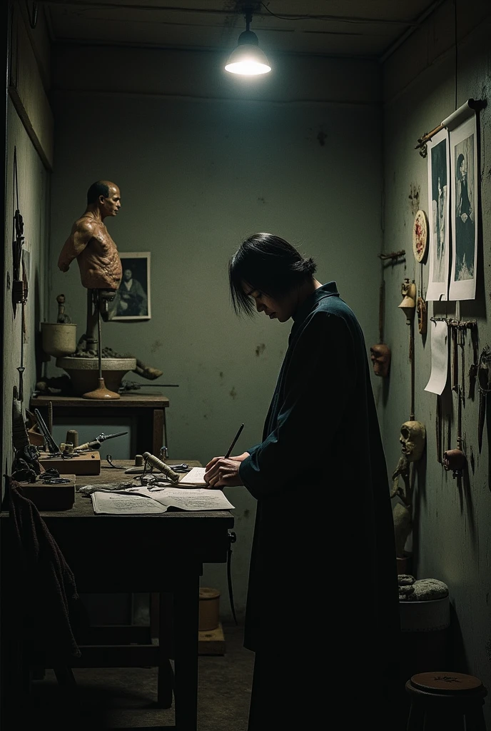 ((Japan))A dimly lit human body workshop in、((Old photos on the wall))、その写真はJapan人剥製師とJapan人の若い女性とのツーショットの笑顔の写真だった、That's how it is々Tools were hanging(((It was pinned to the wall of the workshop.)))