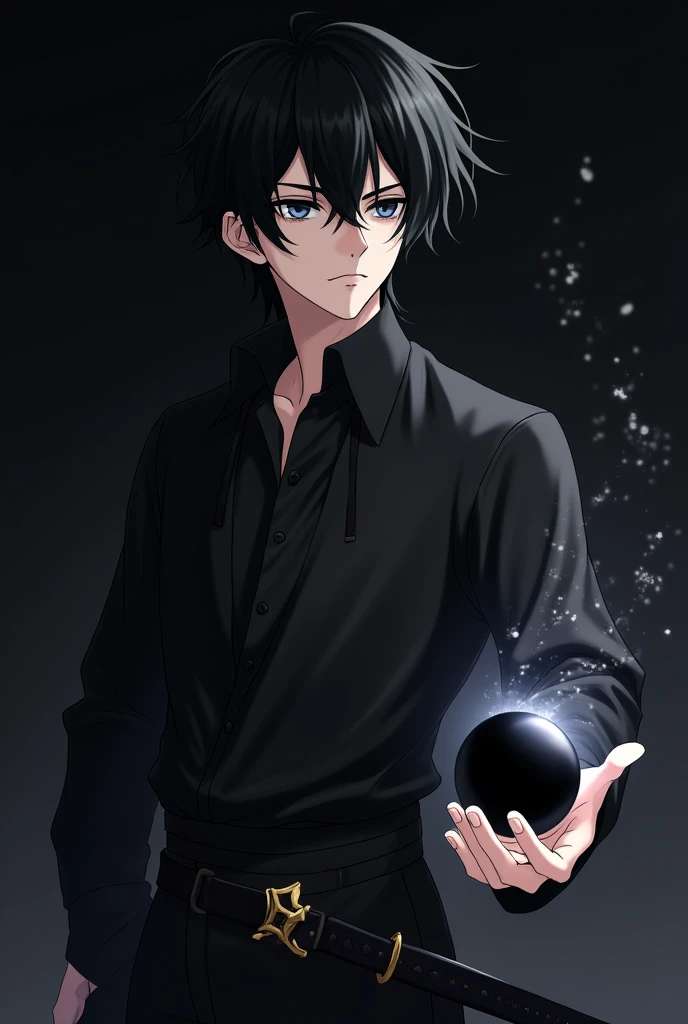 a young man with black hair and black eyes, His clothes are also black but elegant with a black sword at his waist using shadow magic creating a black sphere in his hand with a dark background in anime format