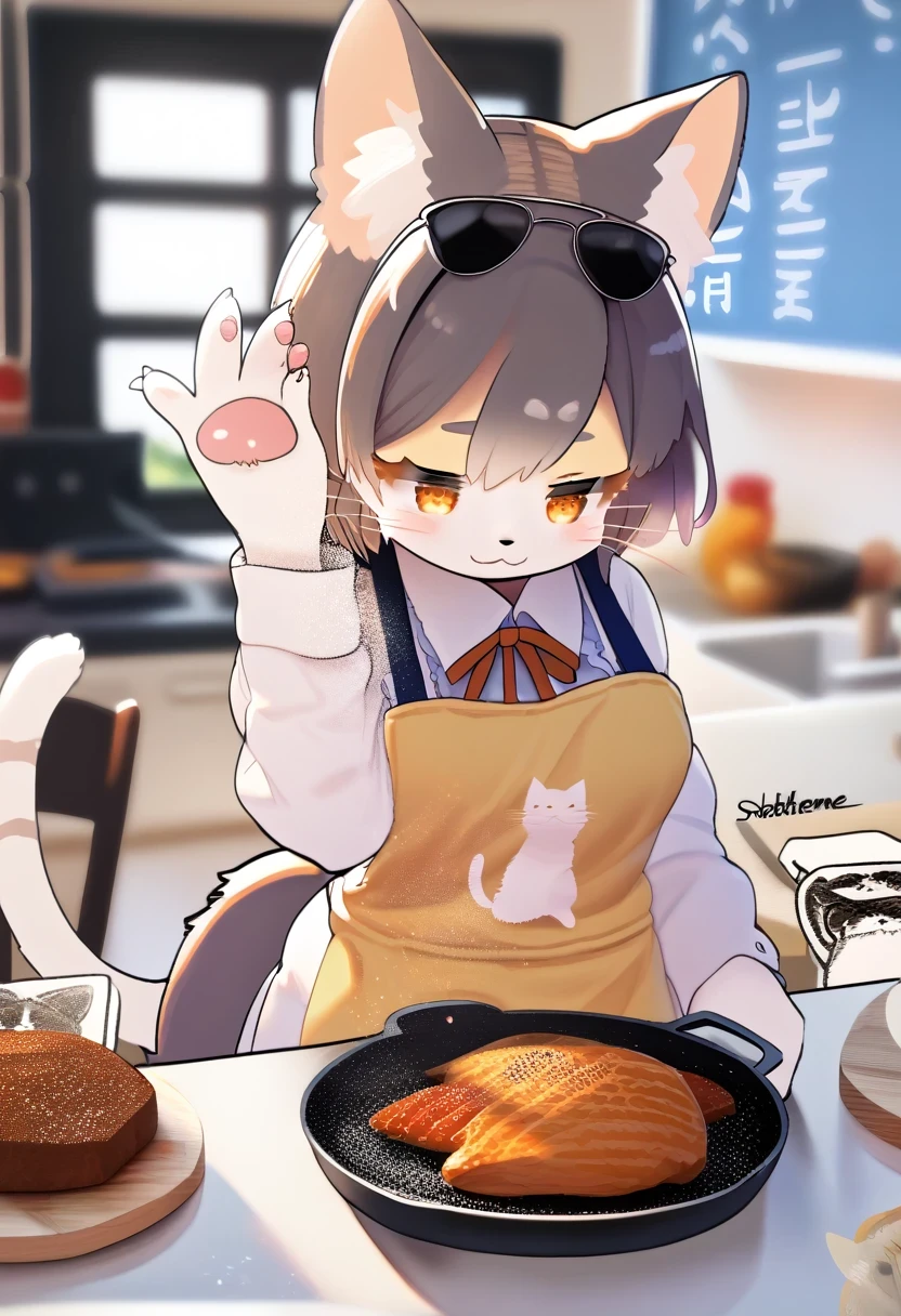 ((Masterpiece)), ((Best Quality)), (Very Detailed), ((Very Detailed)), 4K, (8K), very aesthetic, absurdres highres, 1 girl, (anthropomorphic cat, furry, kemono:1.5), SaltBaeMeme, salt, sunglasses kitchen, apron, food, chicken meat,