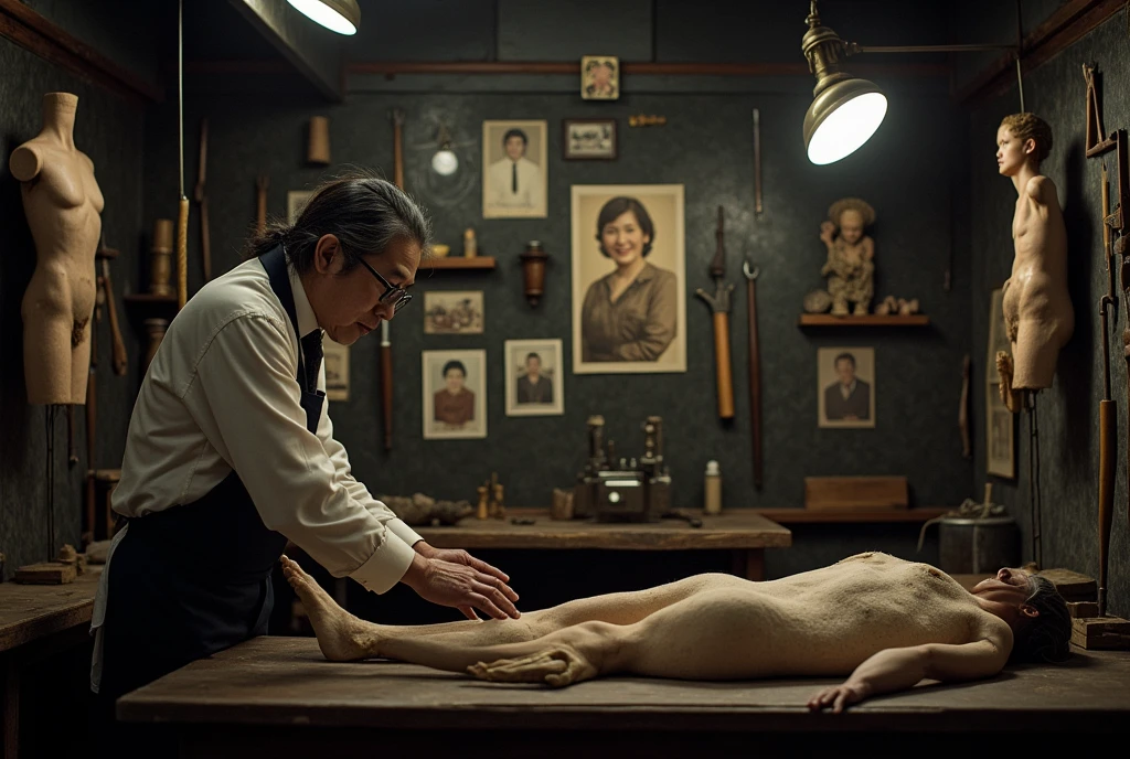 ((Japan))A dimly lit human body workshop in、((Old photos on the wall))、その写真はJapan人剥製師とJapan人の若い女性とのツーショットの笑顔の写真だった、That's how it is々Tools were hanging(((It was pinned to the wall of the workshop.)))