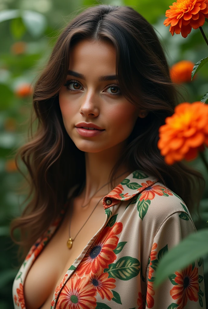 A Brazilian woman in a lush tropical garden, wearing an open shirt with a floral print, with a close-up capturing the harmonious beauty between her breasts and the natural flowers, showing off your natural charm and outgoing personality.