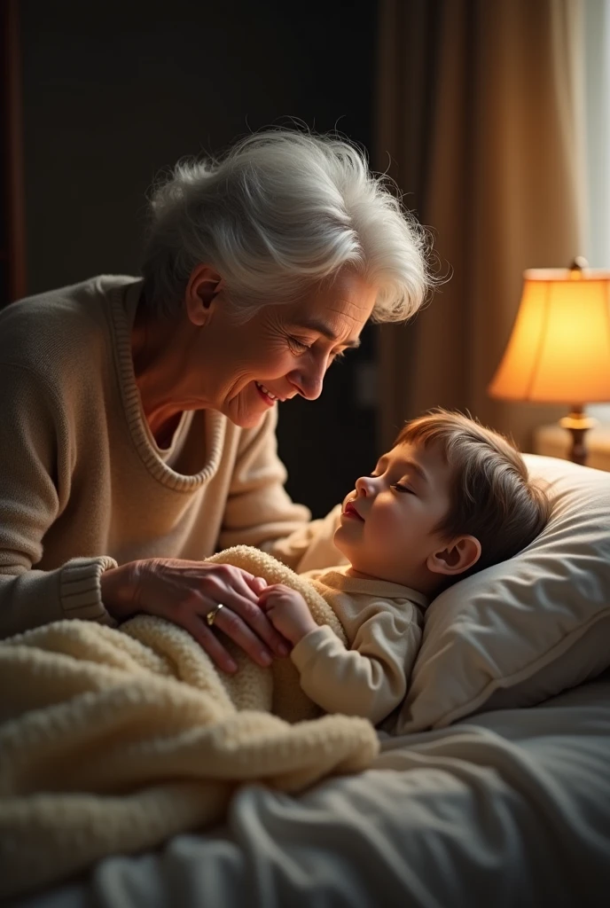 grandmother, covering her grandson, so he can go to sleep