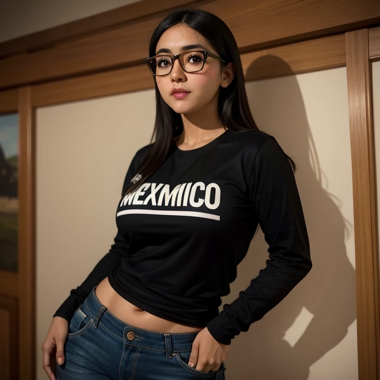 beautiful detailed, cute face, short, mexican , slightly chubby, medium black hair, black hair over one eye, glasses, long sleeve T-shirt, long pants, pearshaped wide hips, solo, voluptuous breasts,