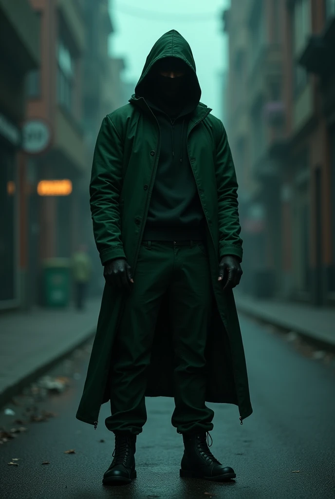 Man in green clothes wearing balaclava mask standing on a dark street