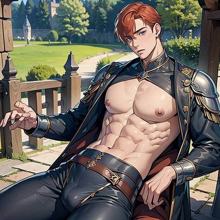 ((A ginger haired tall lean 18 years old English prince inspired by Spanish princess series’ Heinrich VII is wearing erotic medieval leather clothes his nipples piercing the cloth)), ((huge protruding bulge)), NSFW, hentai, porn, the setting is beautiful medieval outside castle, ((youthful face)), he is outside with soldiers in armor, he is wearing rings, ((he is posing seductively)),